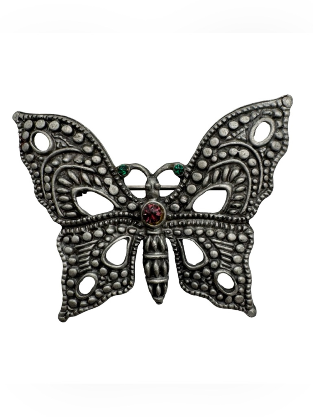 Vintage Butterfly Brooch Silver Tone Filigree‎ Red Green Rhinestone Pin 1.25”